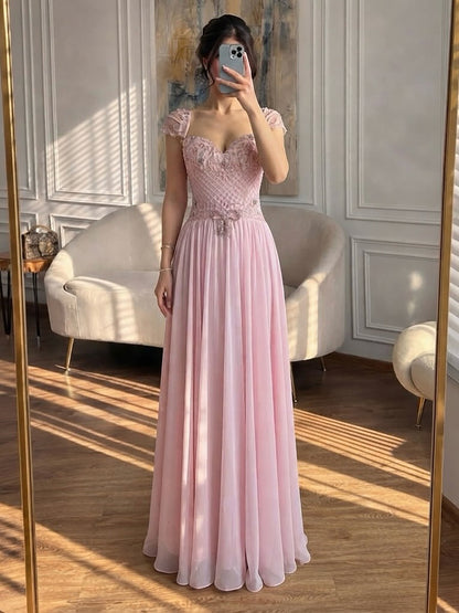 Elegant Caramel Beaded Chiffon A Line Sweetheart Evening Dress LA73698
