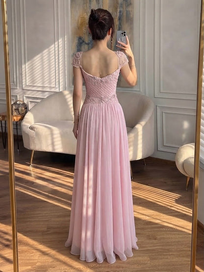 Elegant Caramel Beaded Chiffon A Line Sweetheart Evening Dress LA73698