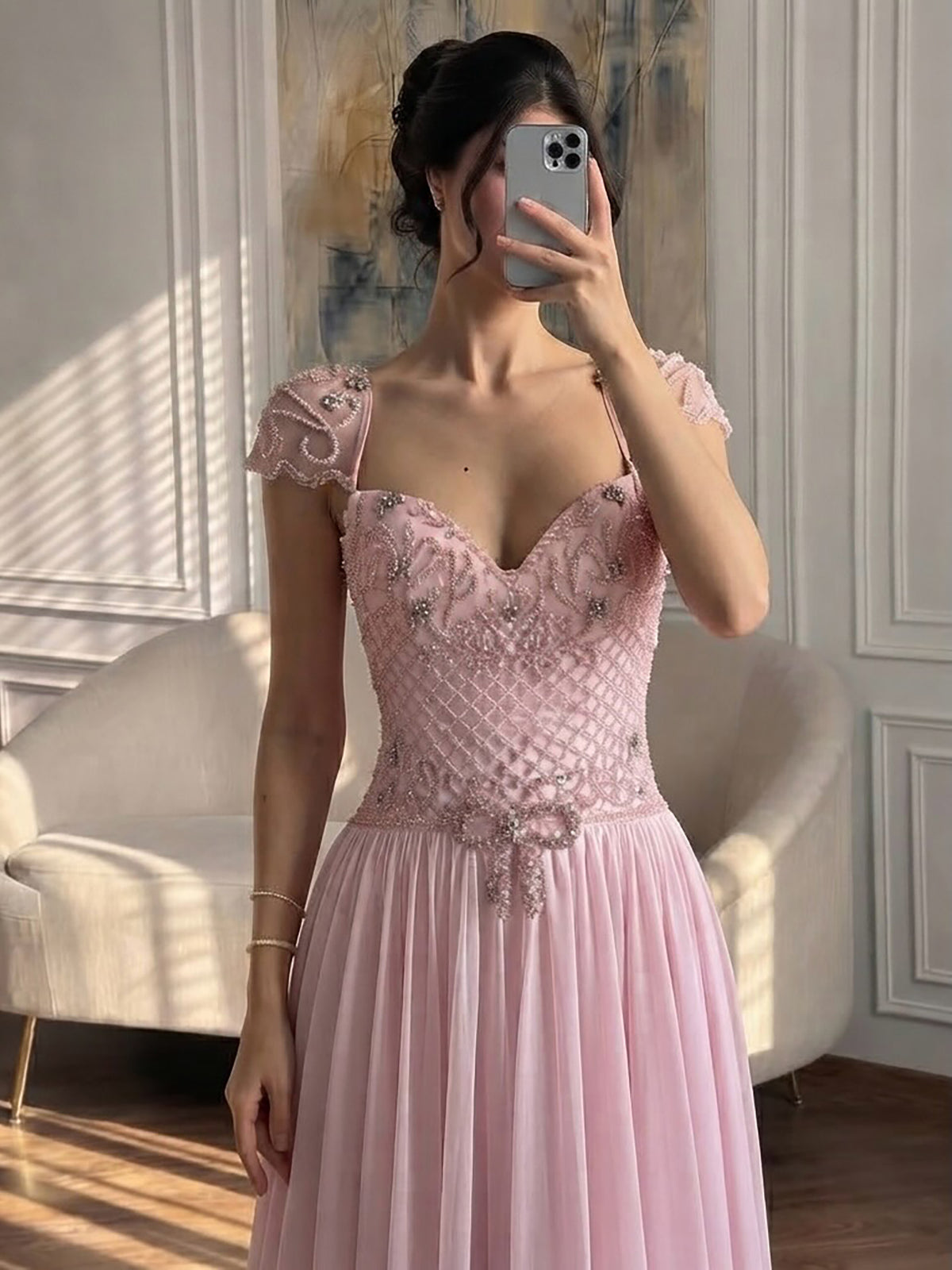 Elegant Caramel Beaded Chiffon A Line Sweetheart Evening Dress LA73698