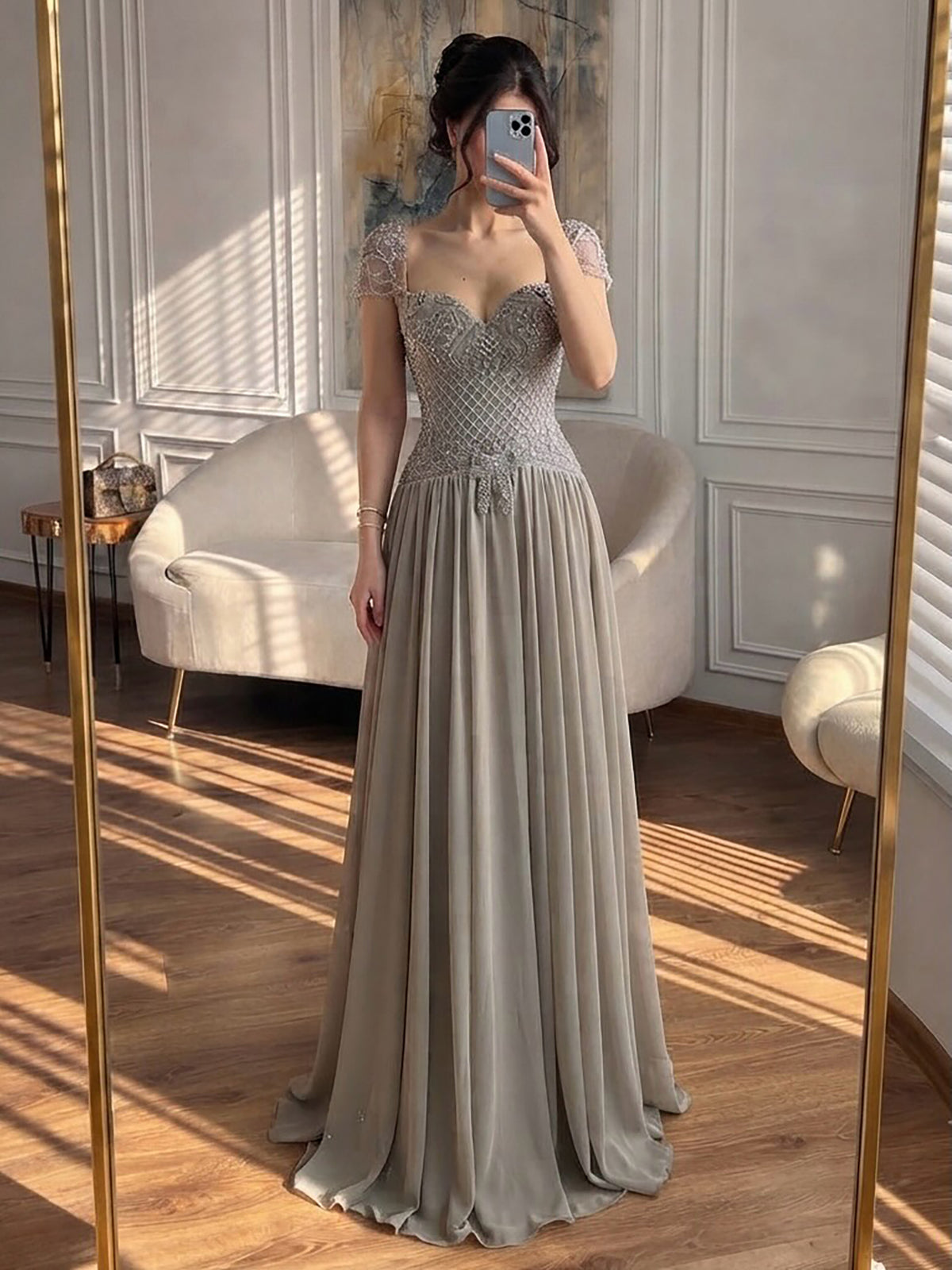 Elegant Caramel Beaded Chiffon A Line Sweetheart Evening Dress LA73698