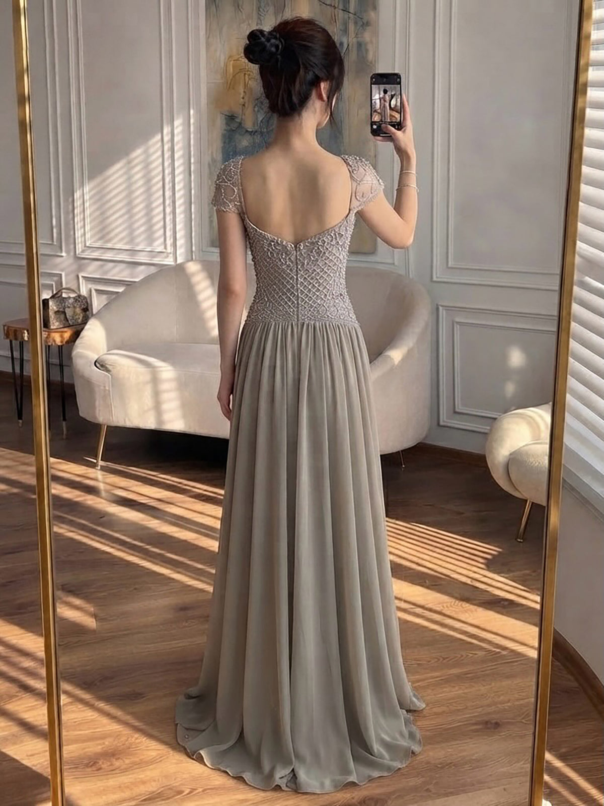 Elegant Caramel Beaded Chiffon A Line Sweetheart Evening Dress LA73698