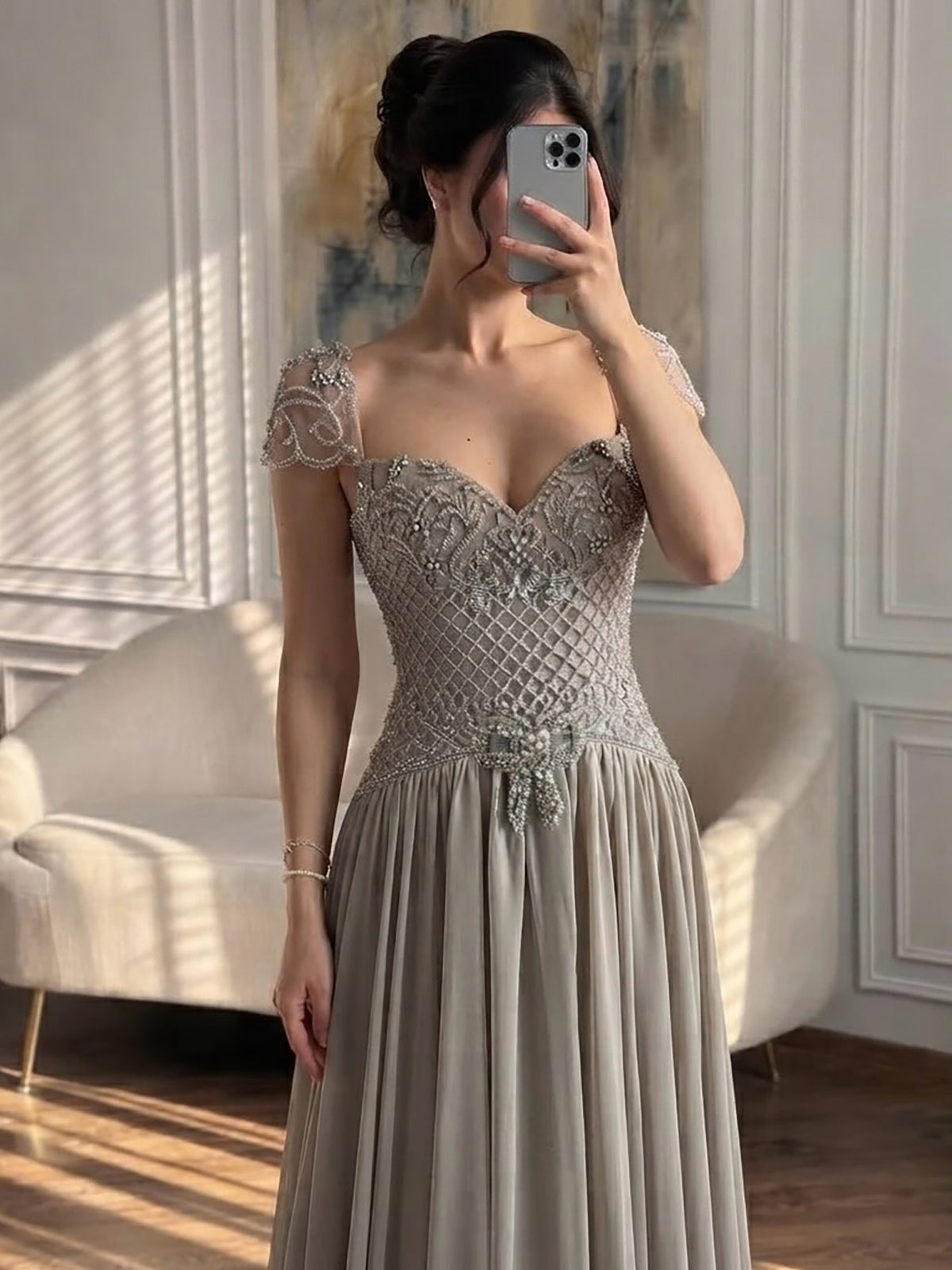Elegant Caramel Beaded Chiffon A Line Sweetheart Evening Dress LA73698