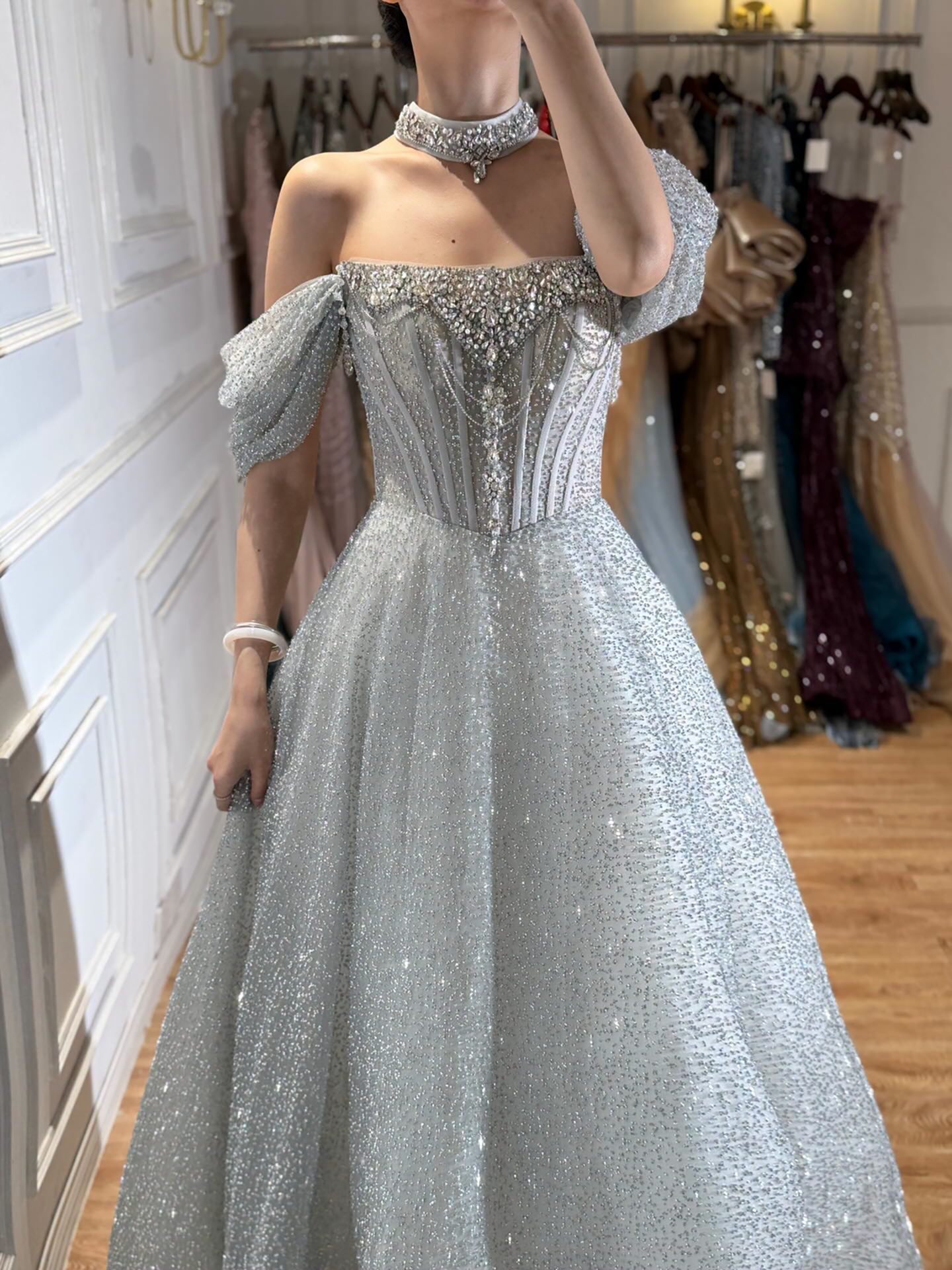 Luxury Silver Gray Strapless Beaded A Line Evening Dress with Choker LA73700