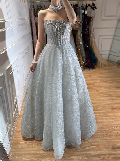 Luxury Silver Gray Strapless Beaded A Line Evening Dress with Choker LA73700