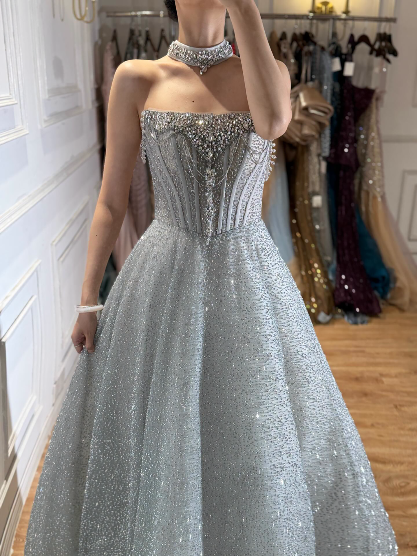Luxury Silver Gray Strapless Beaded A Line Evening Dress with Choker LA73700