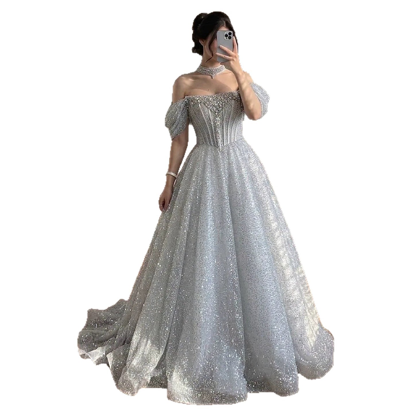 Luxury Silver Gray Strapless Beaded A Line Evening Dress with Choker LA73700