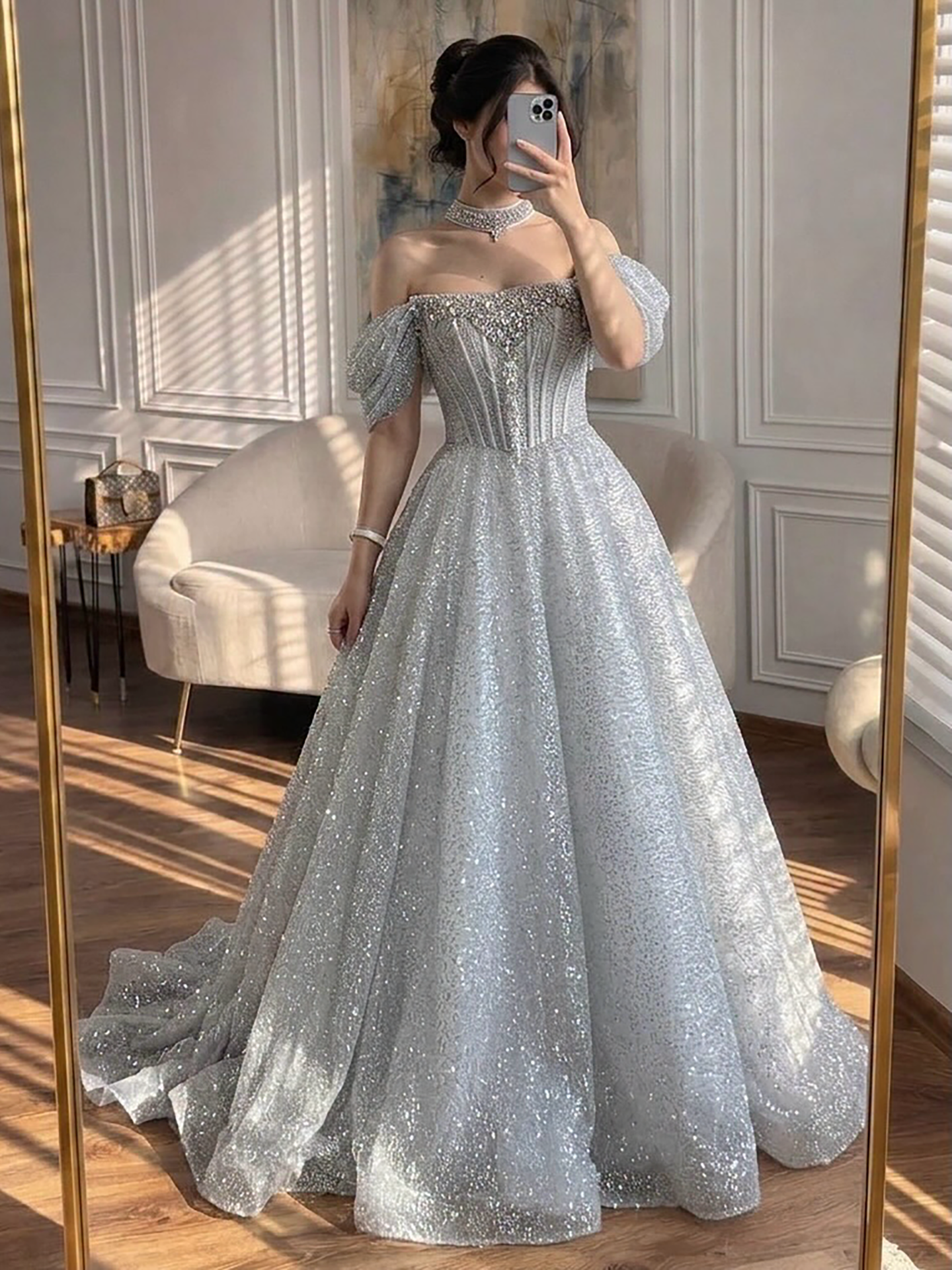 Luxury Silver Gray Strapless Beaded A Line Evening Dress with Choker LA73700