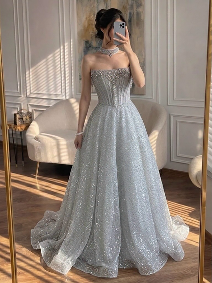 Luxury Silver Gray Strapless Beaded A Line Evening Dress with Choker LA73700