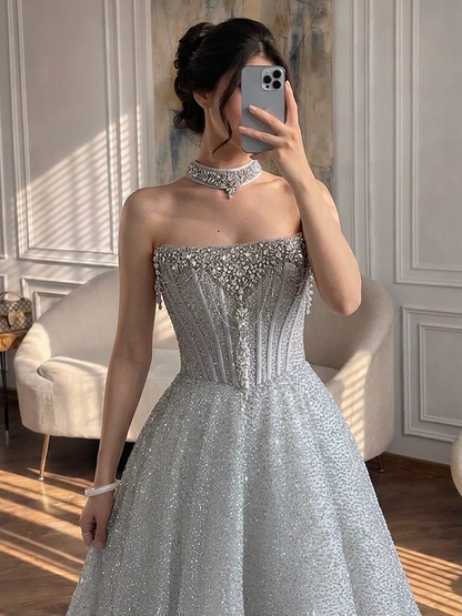 Luxury Silver Gray Strapless Beaded A Line Evening Dress with Choker LA73700