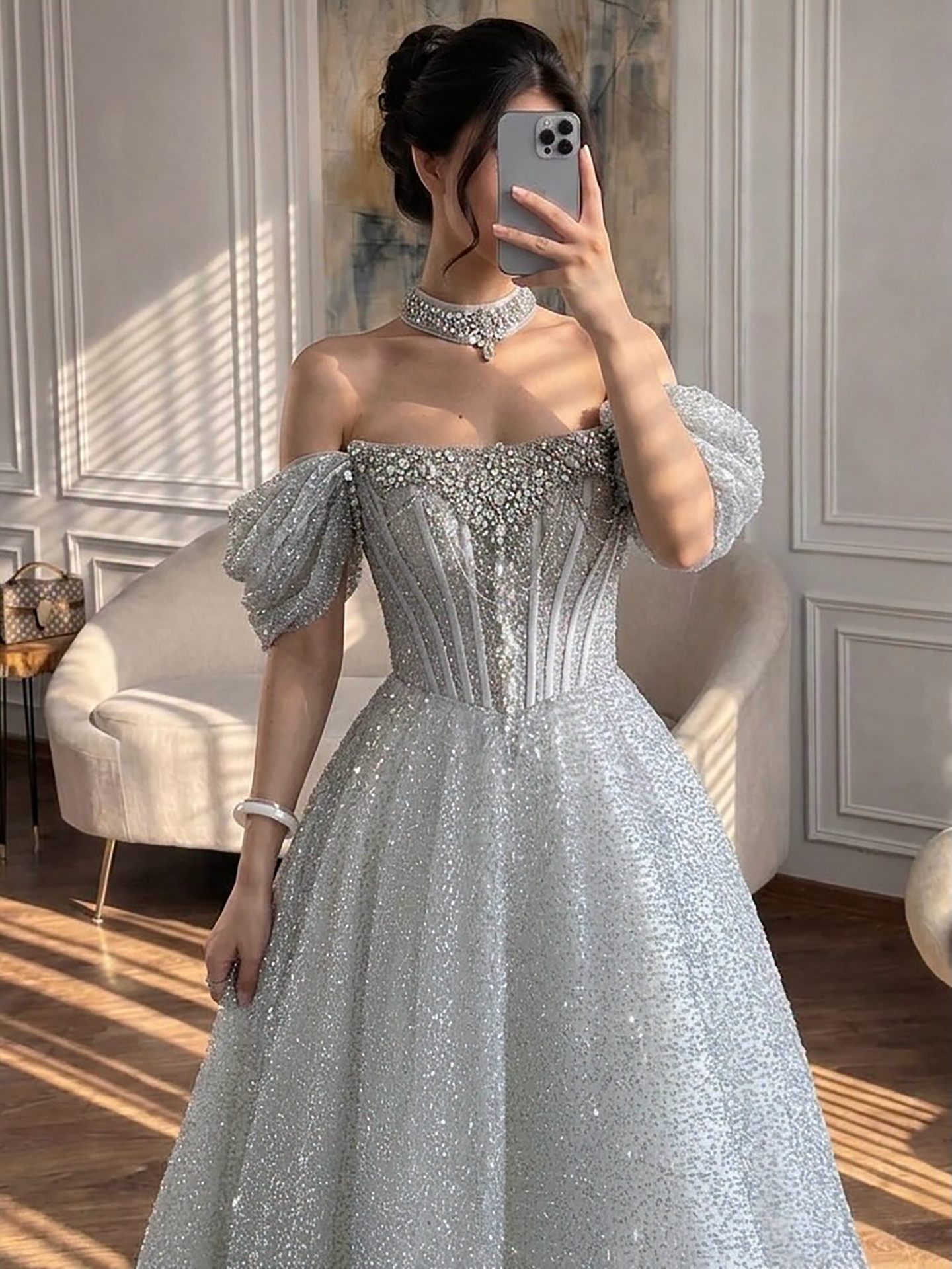 Luxury Silver Gray Strapless Beaded A Line Evening Dress with Choker LA73700