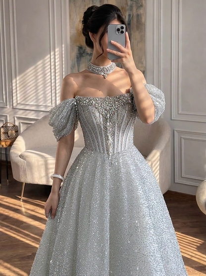 Luxury Silver Gray Strapless Beaded A Line Evening Dress with Choker LA73700