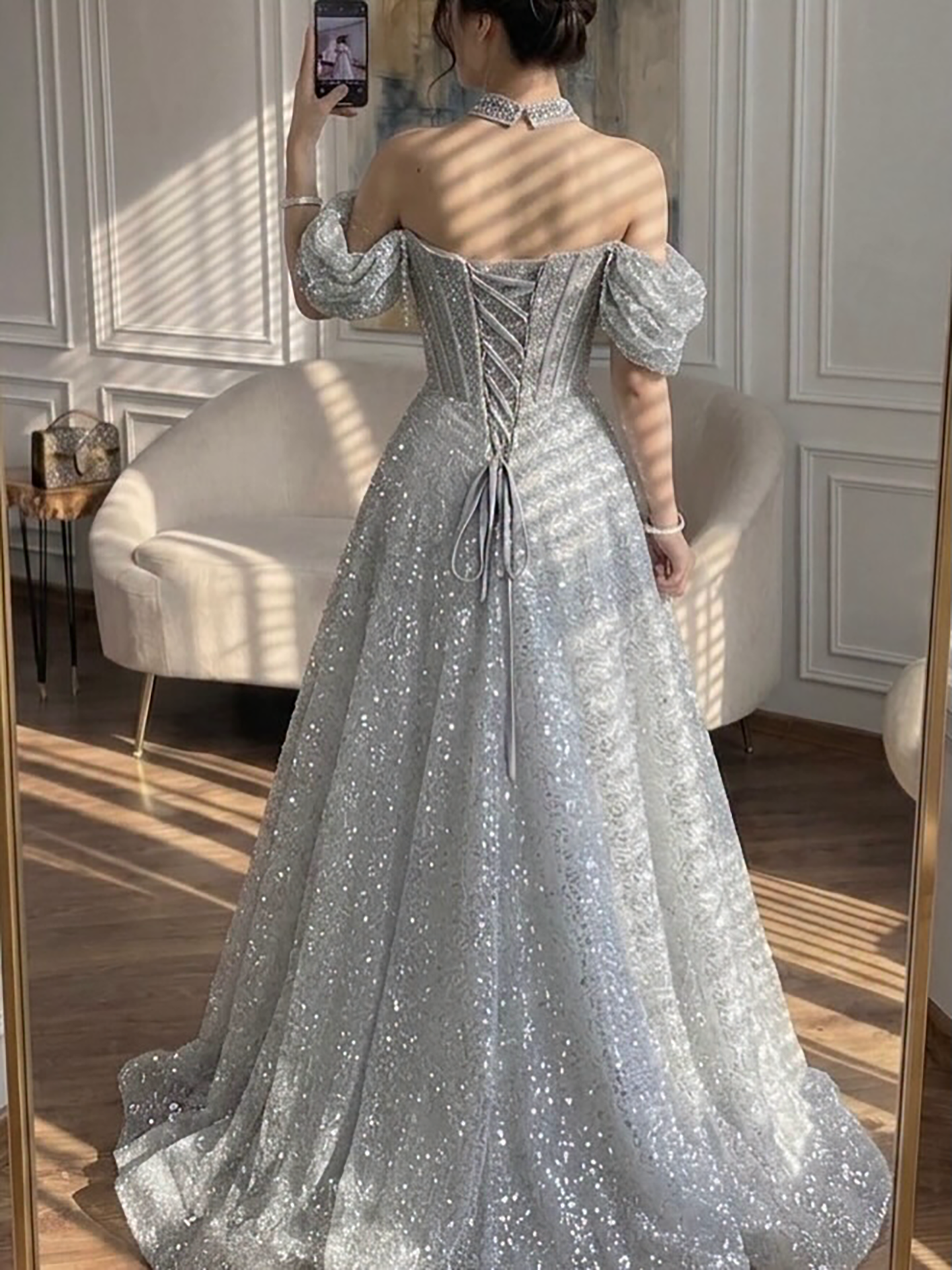 Luxury Silver Gray Strapless Beaded A Line Evening Dress with Choker LA73700