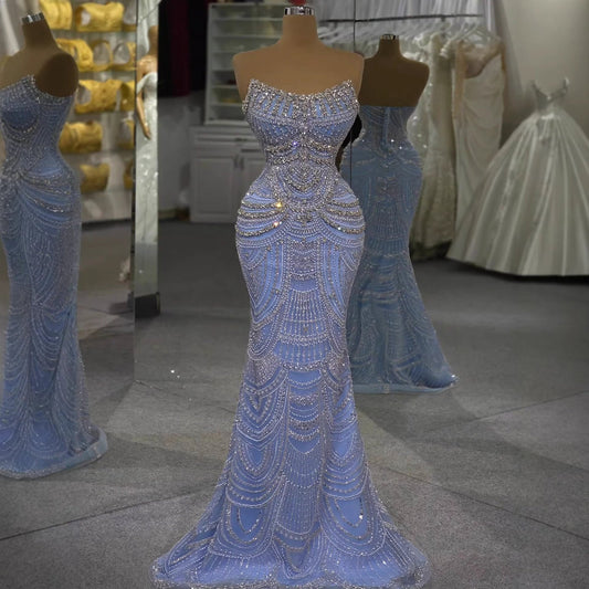 Luxury Blue Strapless Crystal Beaded Mermaid Evening Dress LA73701