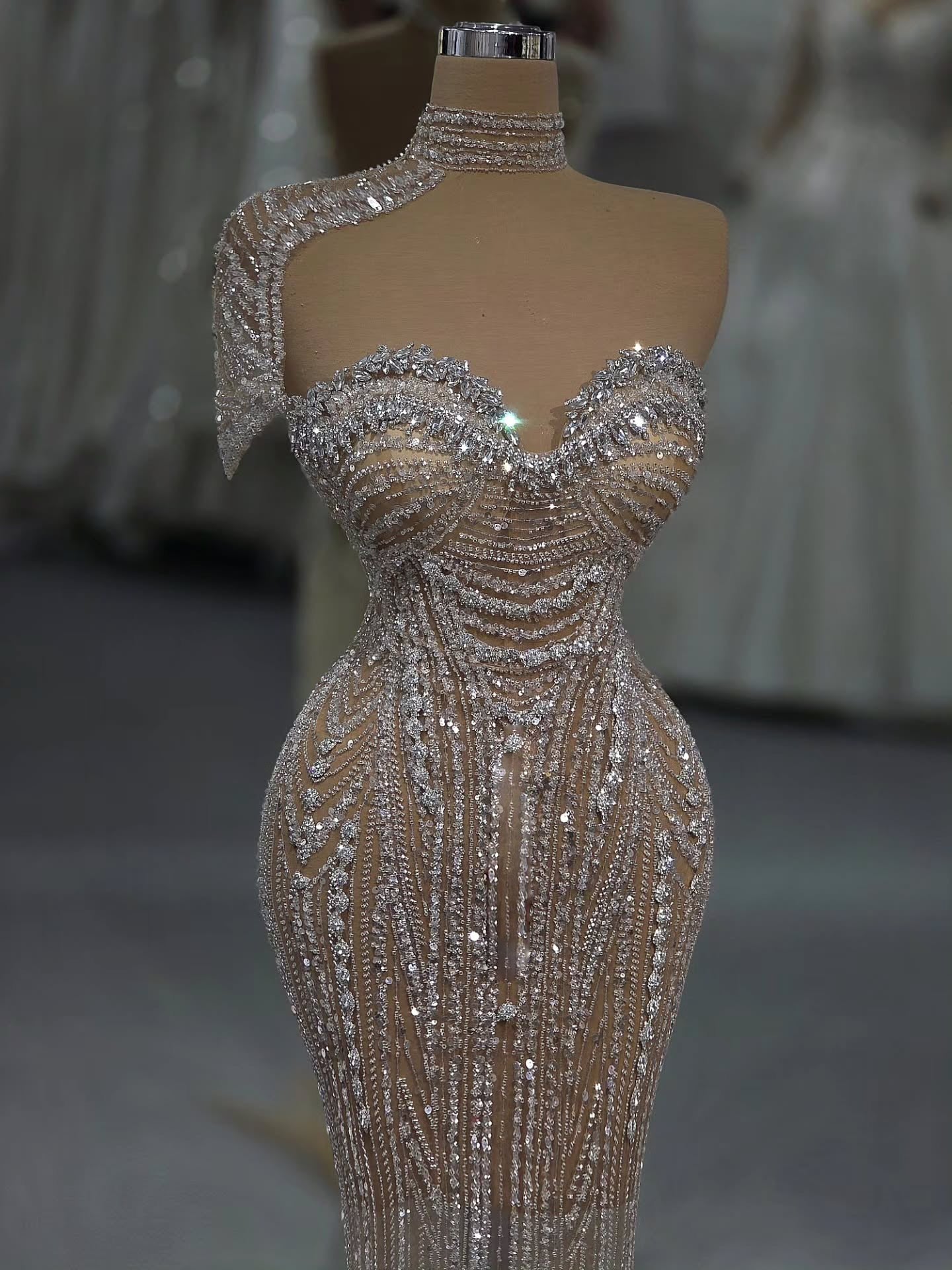 Luxury Silver Nude Strapless Crystal Beaded Mermaid Evening Dress with Cape LA73703