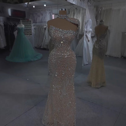 Luxury Silver Nude Crystal Beaded Mermaid Evening Dress with Cape LA73704