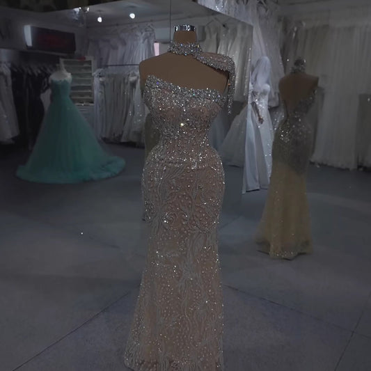 Luxury Silver Nude Crystal Beaded Mermaid Evening Dress with Cape LA73704