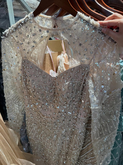 Luxury Nude Pearls Beaded Mermaid Long Sleeve Cutout Dress LA73705