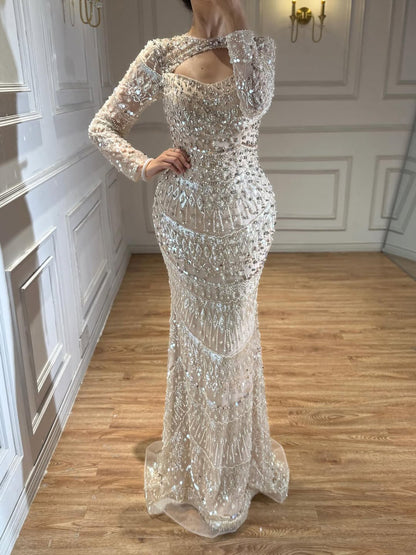 Luxury Nude Pearls Beaded Mermaid Long Sleeve Cutout Dress LA73705