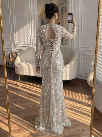 Luxury Nude Pearls Beaded Mermaid Long Sleeve Cutout Dress LA73705