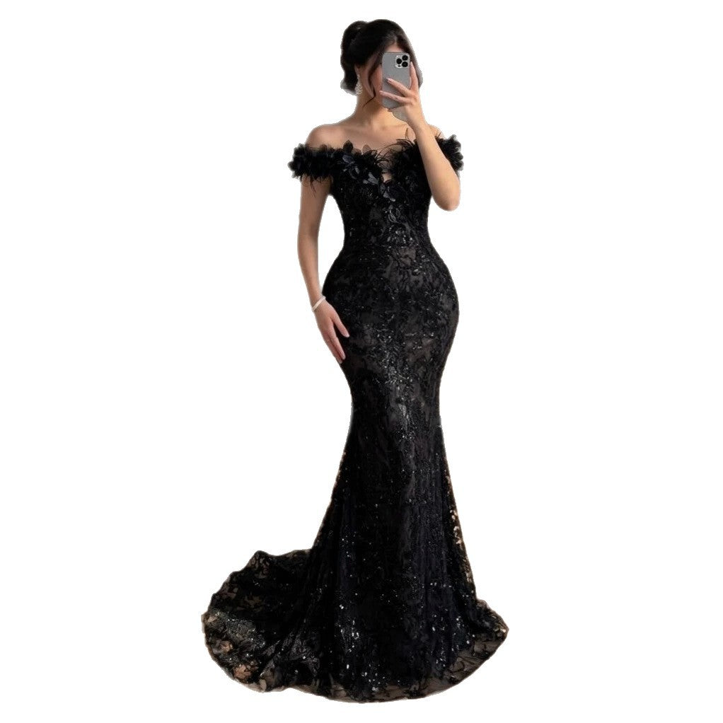 Luxury Black Floral Feather Beaded Mermaid Off Shoulder Evening Dress LA73708