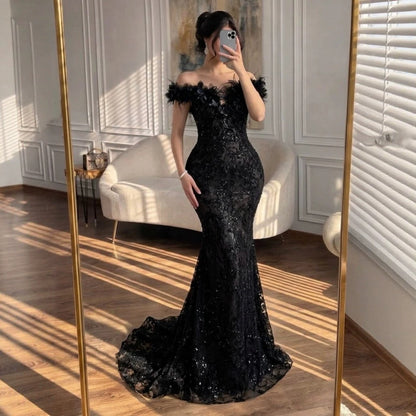 Luxury Black Floral Feather Beaded Mermaid Off Shoulder Evening Dress LA73708