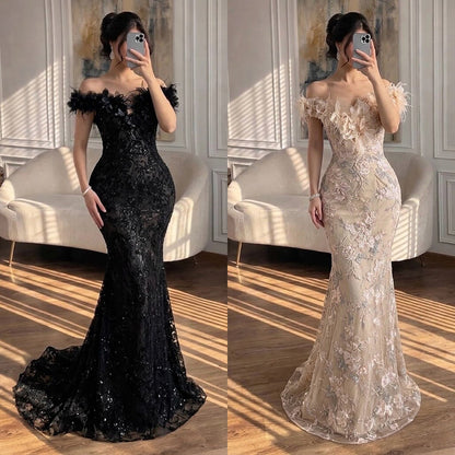Luxury Black Floral Feather Beaded Mermaid Off Shoulder Evening Dress LA73708