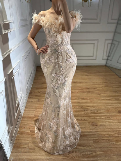 Luxury Black Floral Feather Beaded Mermaid Off Shoulder Evening Dress LA73708