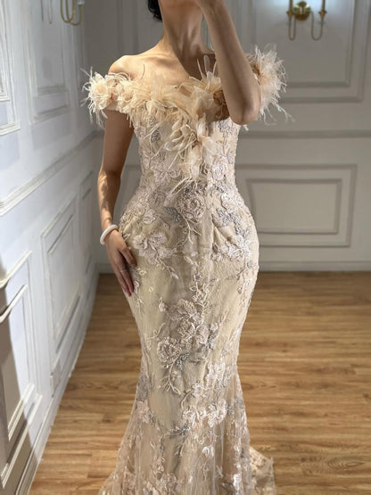 Luxury Black Floral Feather Beaded Mermaid Off Shoulder Evening Dress LA73708