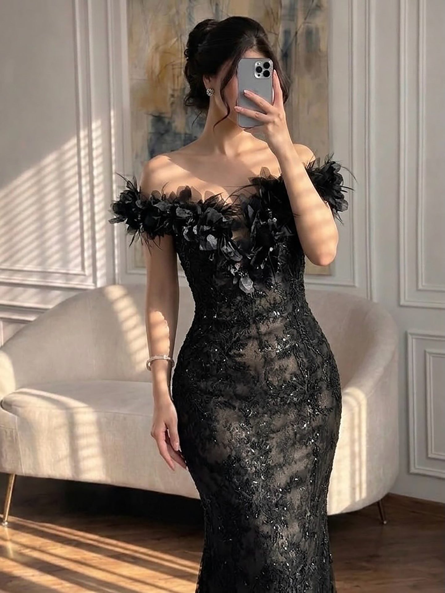 Luxury Black Floral Feather Beaded Mermaid Off Shoulder Evening Dress LA73708