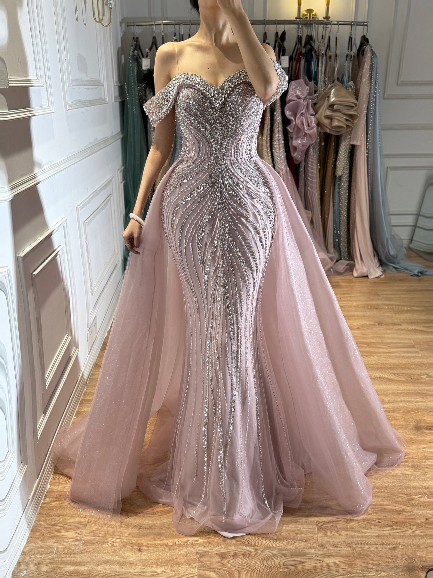 Luxury Nude Crystal Beaded Mermaid Dress with Overskirt LA73710