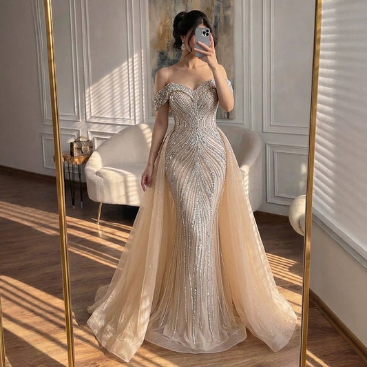 Luxury Nude Crystal Beaded Mermaid Dress with Overskirt LA73710