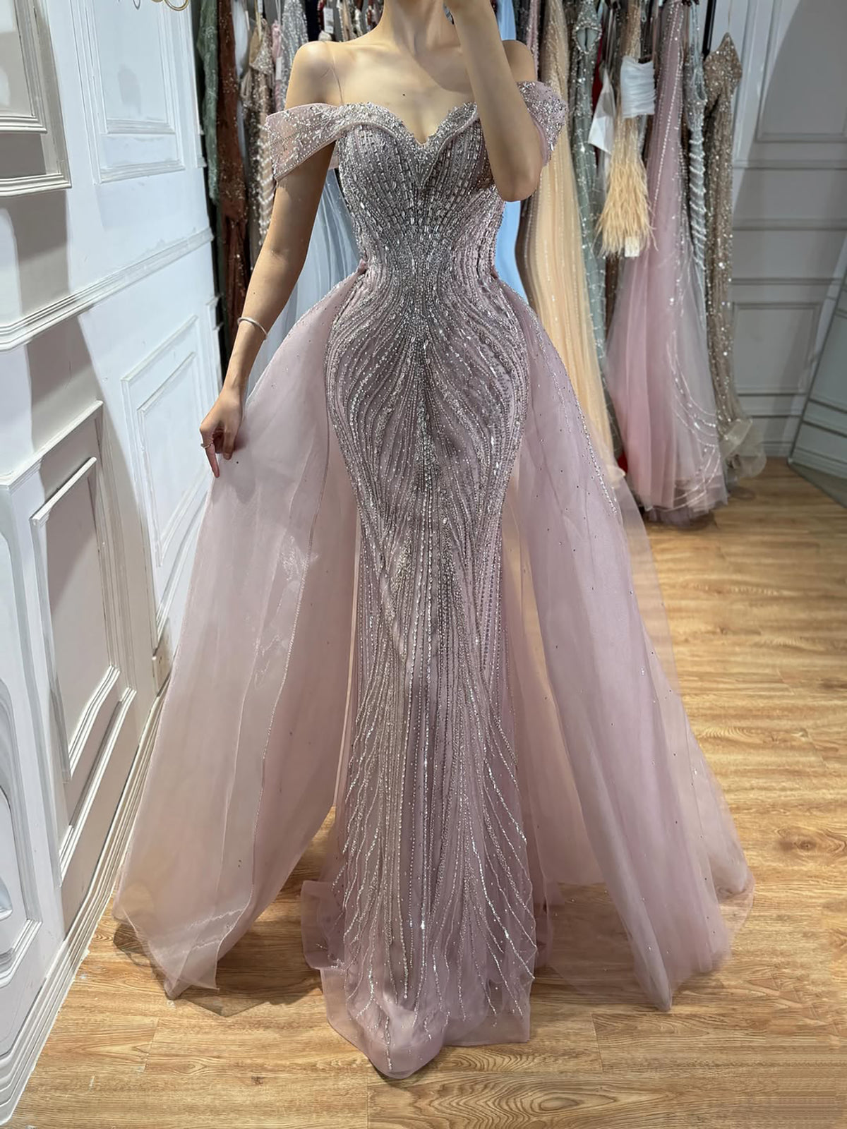 Luxury Nude Off Shoulder Crystal Beaded Mermaid Dress LA73710A