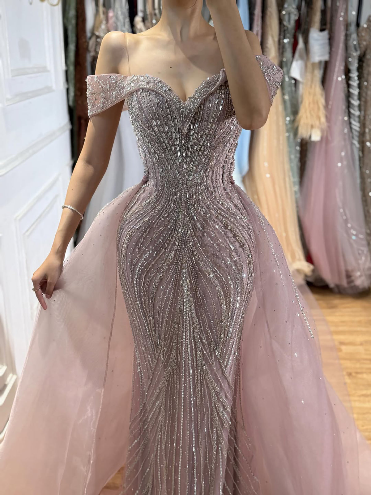 Luxury Nude Off Shoulder Crystal Beaded Mermaid Dress LA73710A