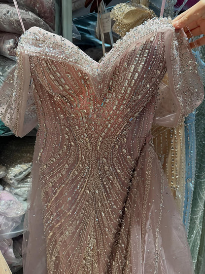 Luxury Nude Off Shoulder Crystal Beaded Mermaid Dress LA73710A