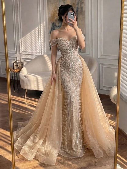 Luxury Nude Off Shoulder Crystal Beaded Mermaid Dress LA73710A