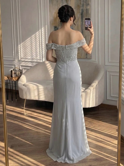 Luxury Nude Off Shoulder Crystal Beaded Mermaid Dress LA73710A