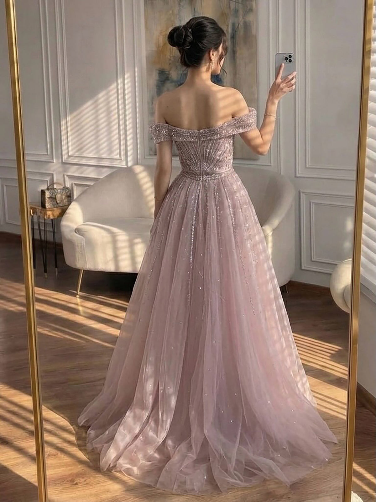 Luxury Nude Off Shoulder Crystal Beaded Mermaid Dress LA73710A