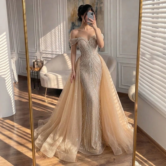 Luxury Nude Off Shoulder Crystal Beaded Mermaid Dress LA73710A