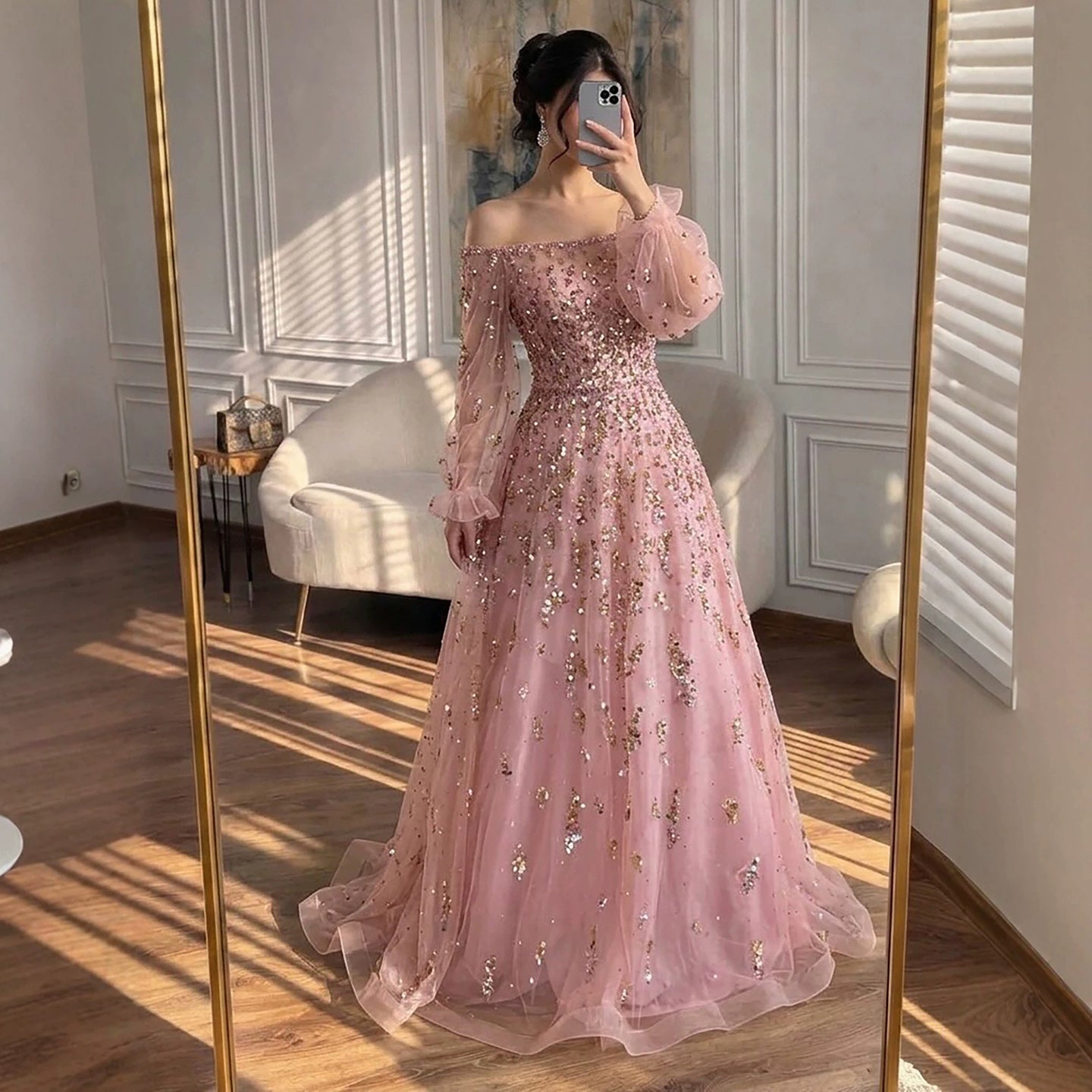 Luxury Pink Sequin Off Shoulder Tulle A Line Evening Dress LA73711