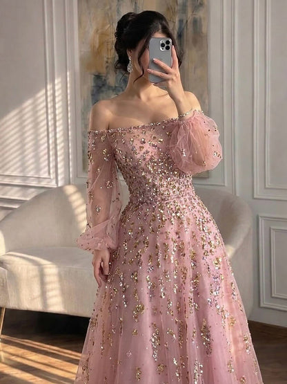 Luxury Pink Sequin Off Shoulder Tulle A Line Evening Dress LA73711