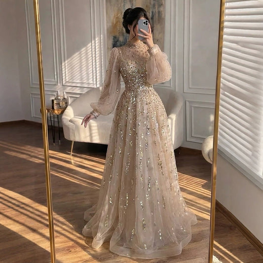 Luxury Nude Beaded High Neck Lantern Sleeve A-Line Dress LA73711A