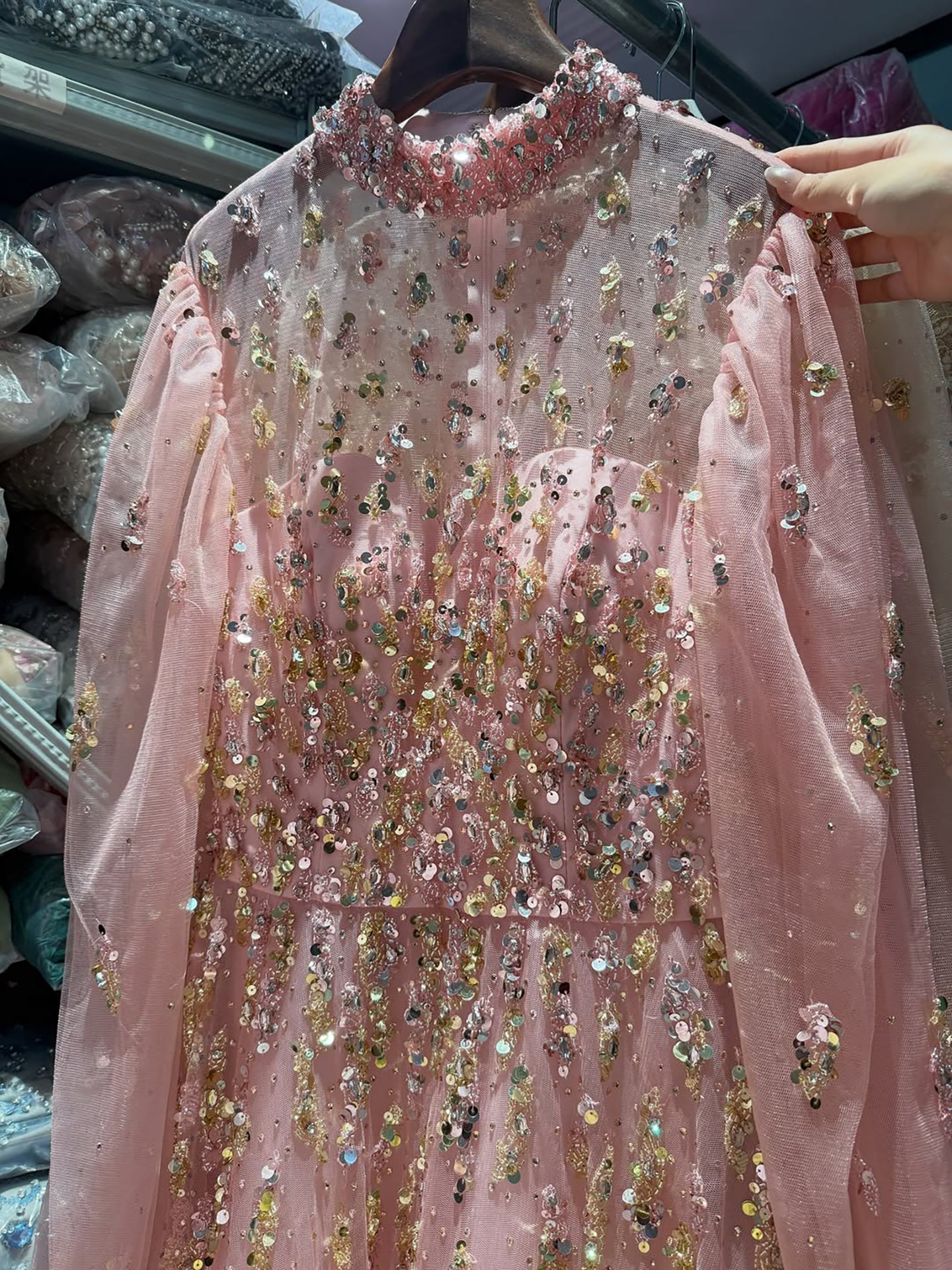 Luxury Nude Beaded High Neck Lantern Sleeve A-Line Dress LA73711A