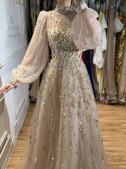 Luxury Nude Beaded High Neck Lantern Sleeve A-Line Dress LA73711A
