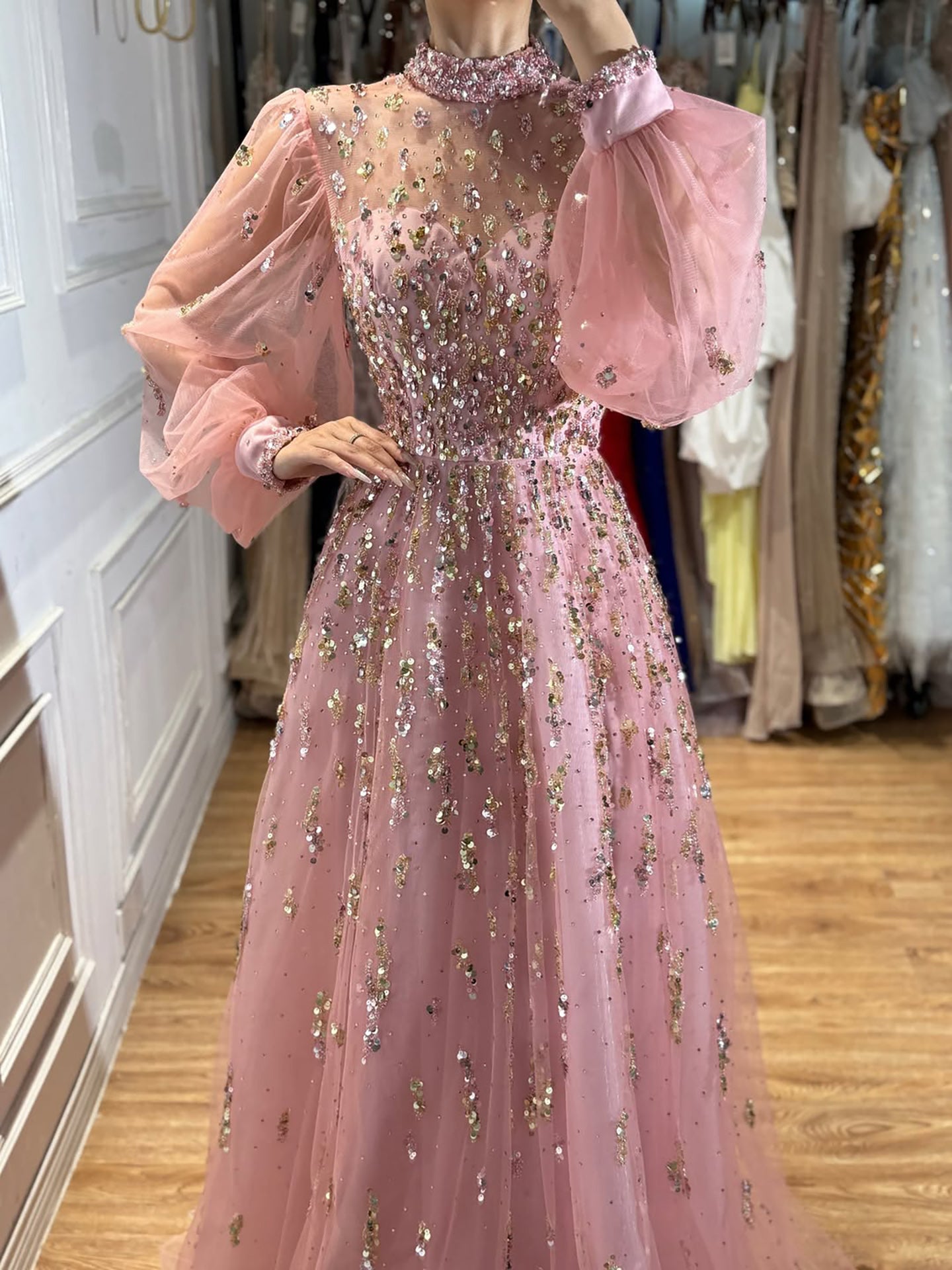 Luxury Nude Beaded High Neck Lantern Sleeve A-Line Dress LA73711A