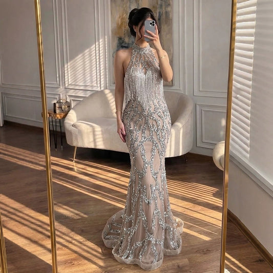 Luxury Caramel Beaded Mermaid Evening Dress with Tassel LA73712