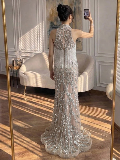 Luxury Caramel Beaded Mermaid Evening Dress with Tassel LA73712