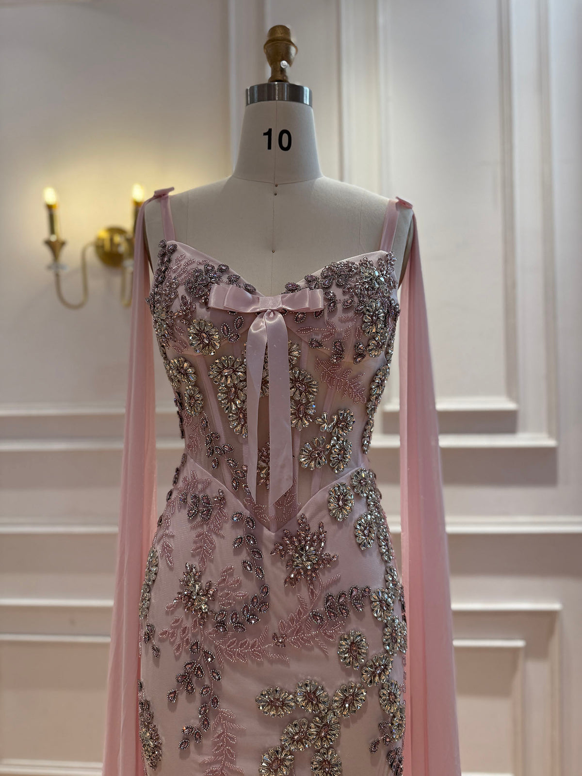 Luxury Pink V Neck Crystal Beaded Mermaid Dress with Cape LA73714