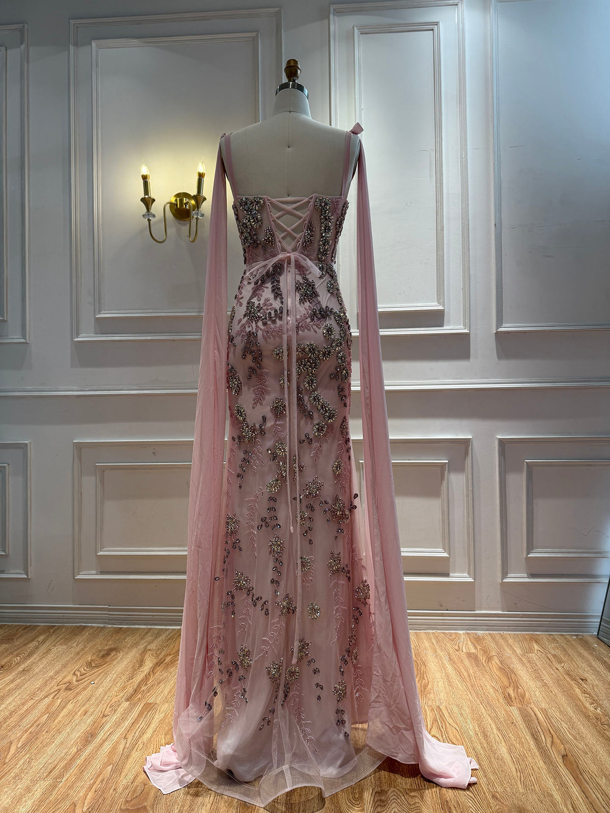 Luxury Pink V Neck Crystal Beaded Mermaid Dress with Cape LA73714