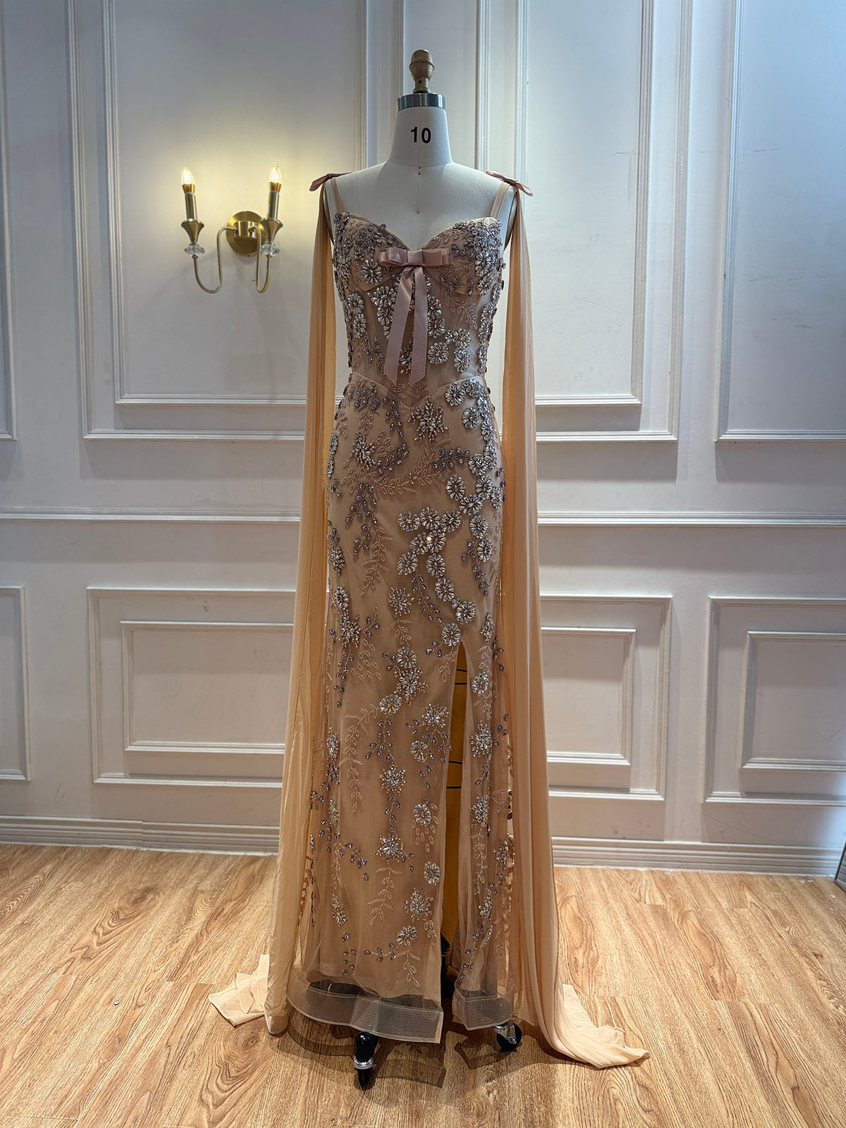 Luxury Pink V Neck Crystal Beaded Mermaid Dress with Cape LA73714