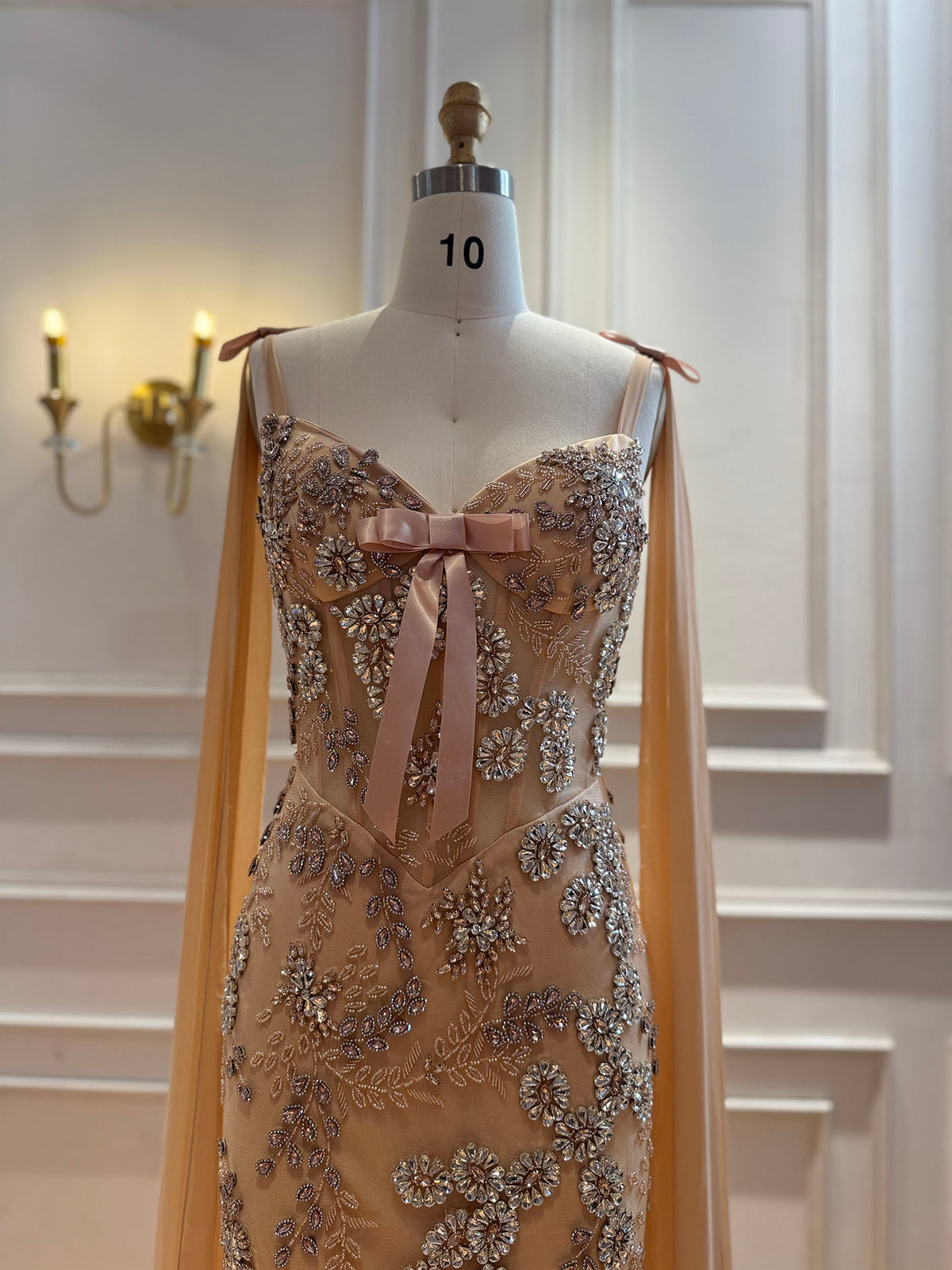 Luxury Pink V Neck Crystal Beaded Mermaid Dress with Cape LA73714